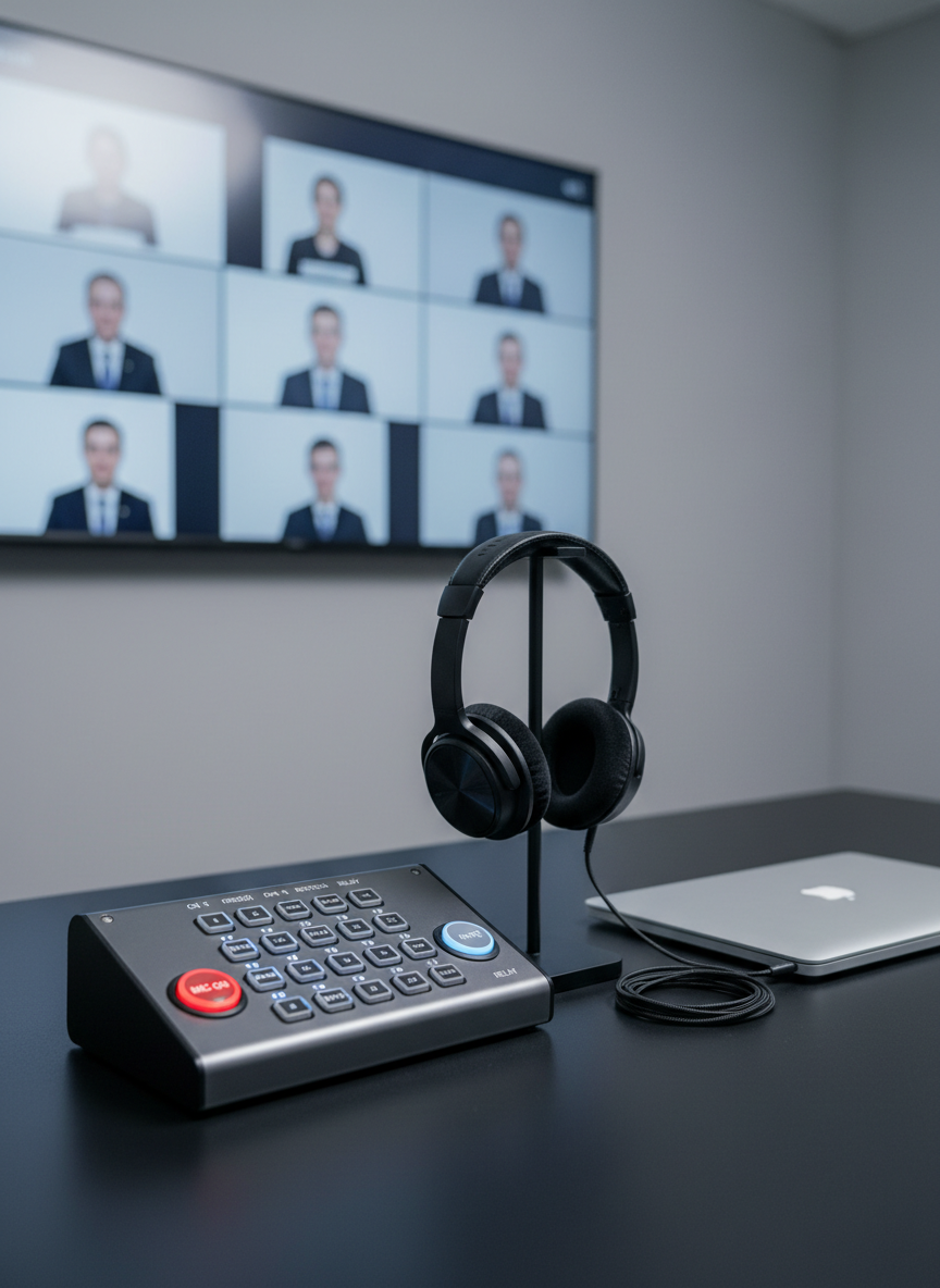 A sophisticated remote interpreting control hub on a dark matte desk: a compact professional interpreting console with glowing soft-blue LED indicators, labeled channels, and tactile buttons sits beside a closed, unbranded laptop. A high-end over-ear headset with a cushioned headband is neatly placed on a minimalist stand, its cable coiled without clutter. Behind, a large wall-mounted screen shows an out-of-focus grid of conference windows, abstract and anonymized. Cool, even studio-style lighting creates crisp edges and subtle reflections on the console’s brushed metal surface. The image is framed at eye level with a slight diagonal, clean background in neutral gray tones, photographic realism, and a calm, technologically advanced atmosphere that highlights high-quality remote interpreting services.