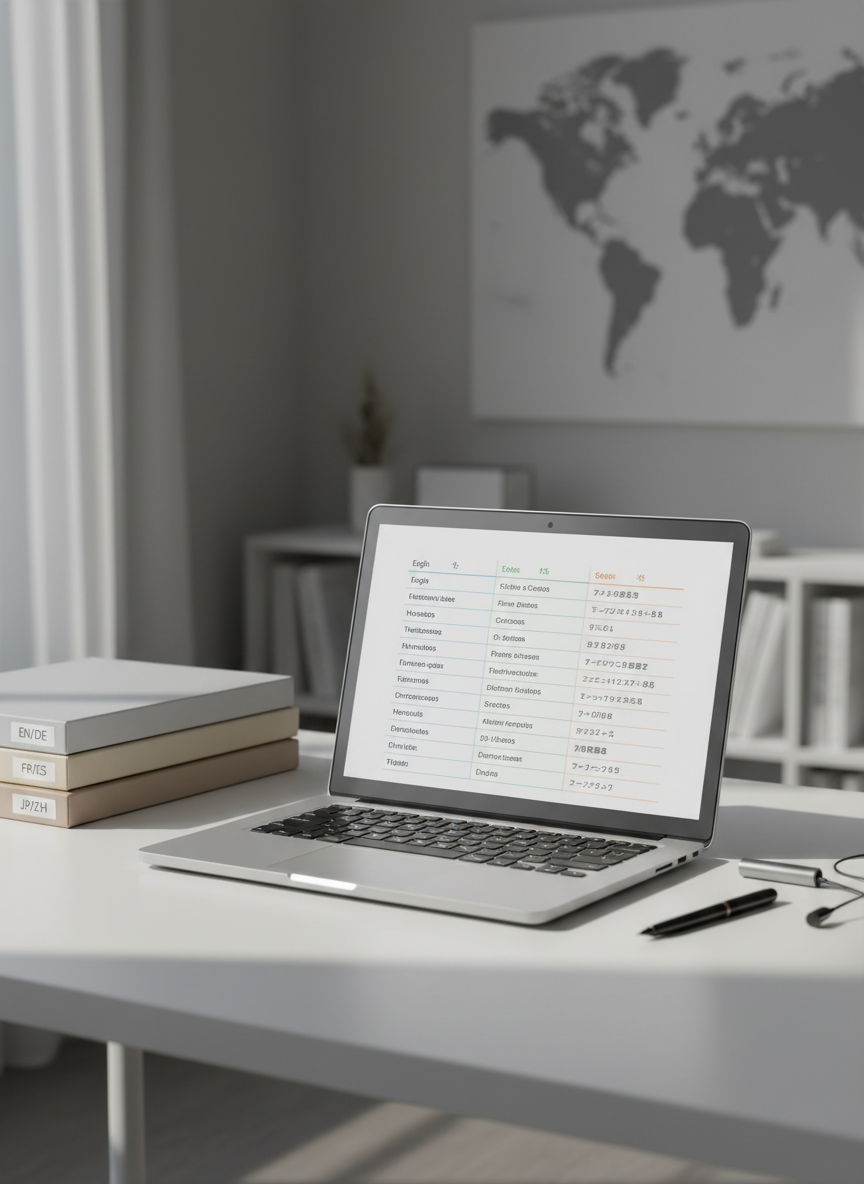 A sleek, minimalist workstation symbolizes multilingual communication: an open silver laptop displays a clean interface with parallel columns of text in different languages, each line precisely aligned and color-coded. Around the laptop, neatly stacked neutral-toned folders are labeled with subtle language codes, and a slim wireless headset rests beside a fine-tipped pen on a matte white desk. Soft daylight from an unseen window washes across the surface, creating gentle, elongated shadows and subtle reflections on the laptop casing. The background is softly blurred, revealing only abstract hints of bookshelves and a world map in muted grays. Photographic realism, eye-level composition, balanced and uncluttered, with a calm, professional corporate atmosphere and a shallow depth of field emphasizing focus and precision.