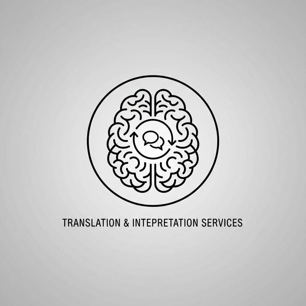 Minimalist line-art style illustration of a human brain seen from above, central icon for translation and interpretation services, neutral background