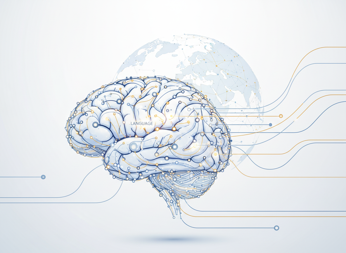 A minimalist elegant illustration of a glowing human brain made of interconnected lines and light nodes, symbolizing language, communication and global connection. White or light background, professional corporate style, soft blue and gold tones, high resolution, modern website design element.